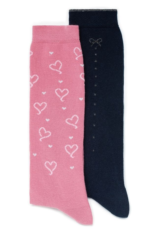 GIRL COMBED COTTON LONG  SOCKS WITH HEARTS OR BOW LUREX PATTERN AND SEAMLESS TOES
