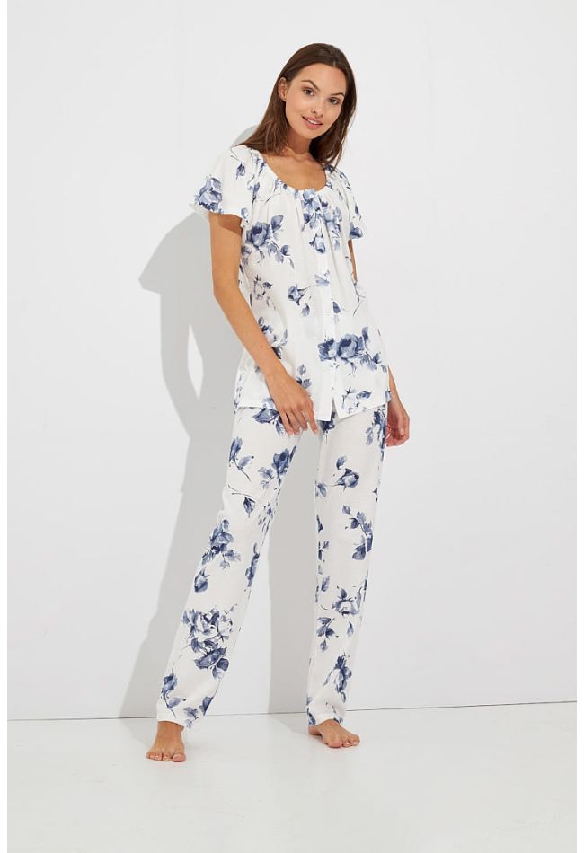 WOMΑN COTTON LONG PYJAMAS WITH FLORAL PATTERN OPEN NECK ALL- BUTTONS AND OPEN LEG