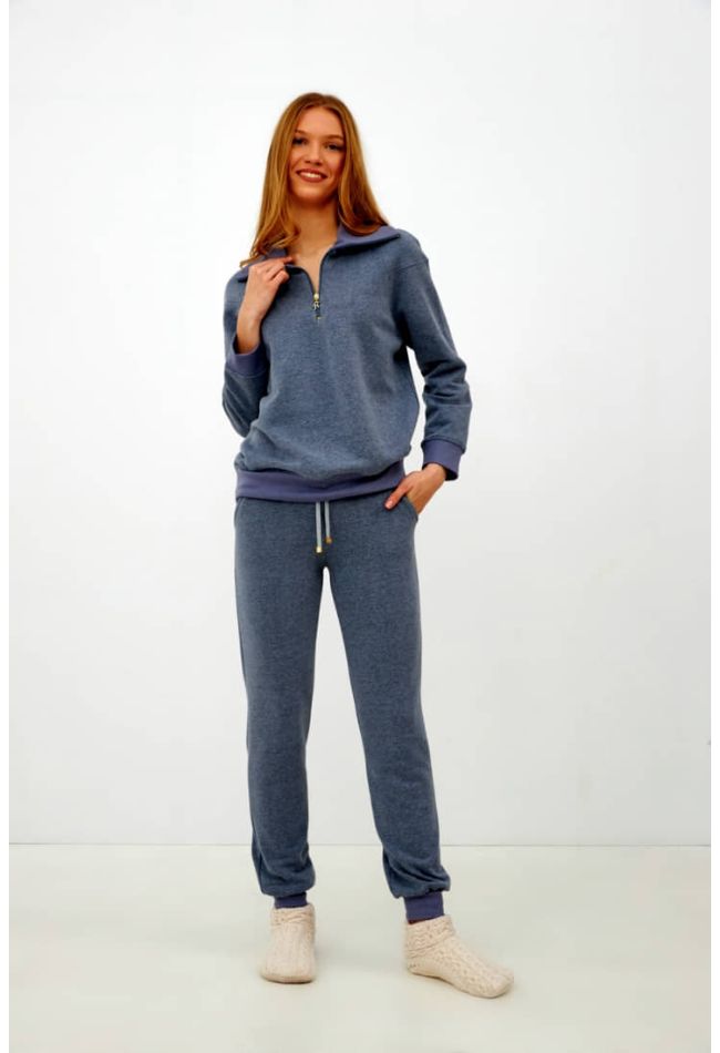 WOMAN SOFT COTTON TRACKSUIT PLAIN V-NECK CUFFED LEGS WITH POCKETS