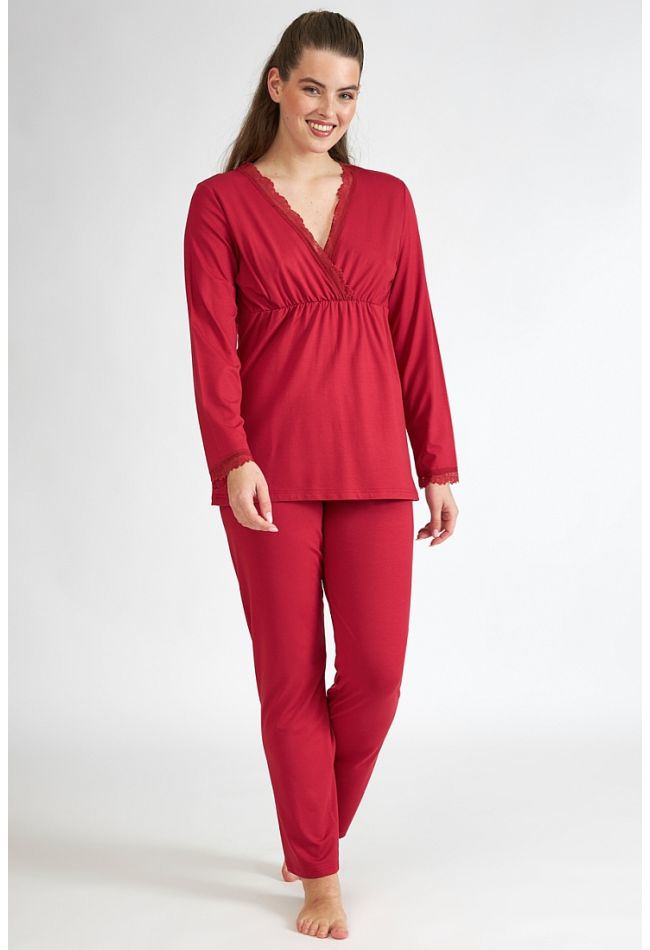 WOMAN LONG VISCOSE CROSSOVER PYJAMAS PERFECT FOR BREASTFEEDING WITH LACE TRIMMING AND OPEN LEGS