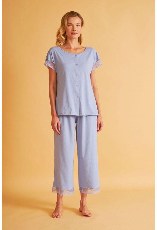 WOMAN CAPRI MODAL PYJAMAS PLAIN WITH BUTTON OPENING AND LACE TRIMMING