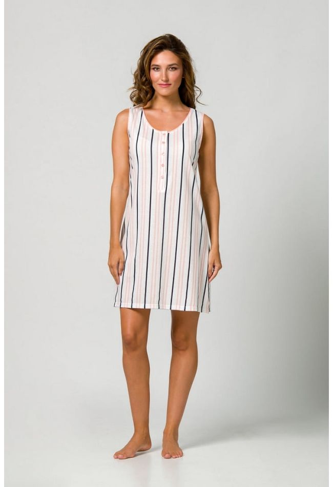 WOMAN COTTON NIGHTDRESS DEEP BUTTON OPENING SLEEVELESS UP TO KNEE STRIPES PATTERN AND POIS INSIDE