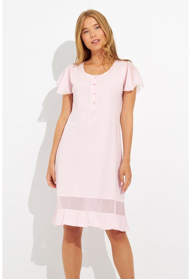 WOMΑN MODAL MIDI NIGHTDRESS PLAIN WITH BUTTON OPENING SHORT SLEEVES AND FRILLED FINISHING