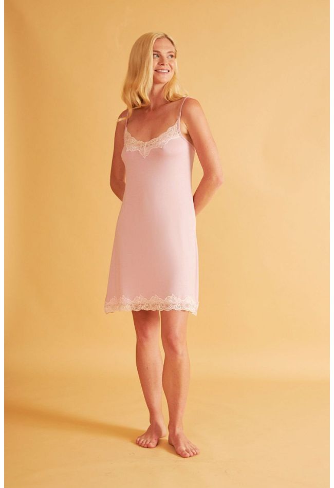WOMAN SHORT VISCOSE NIGHTDRESS PLAIN WITH THIN STRAPS AND LACE TRIMMING