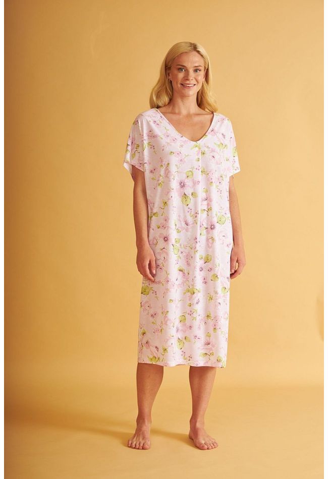WOMAN LONG MODAL NIGHTDRESS WITH SHORT SLEEVES AND FLORAL PATTERN