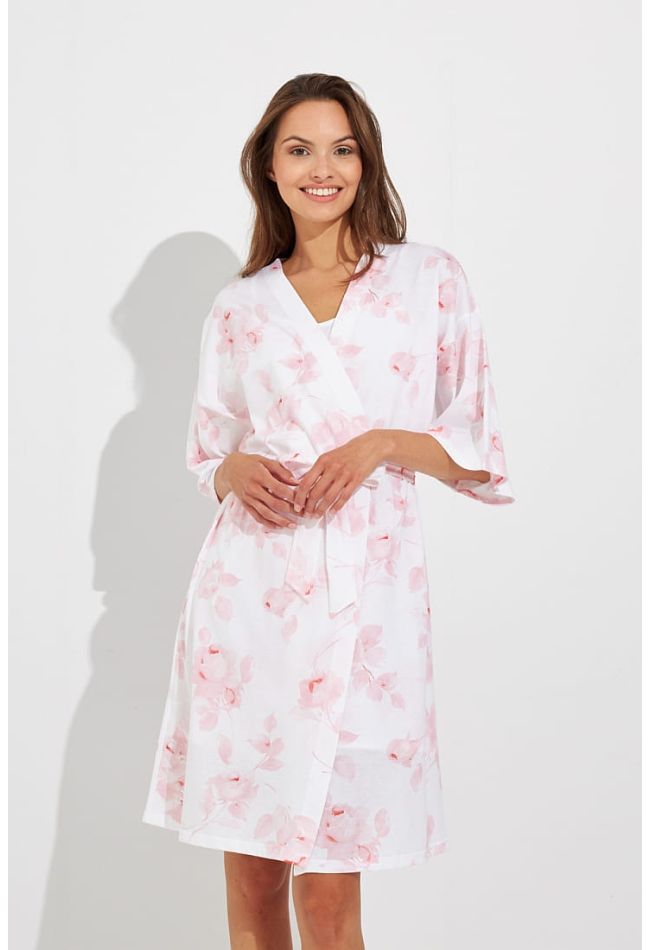 WOMΑN COTTON ROBE WITH FLORAL PATTERN CROSS OPENING AND 3/4 SLEEVES