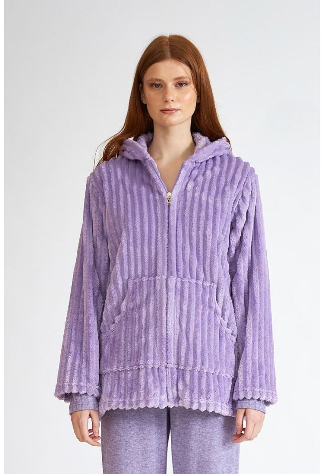 WOMAN SHORT FLEECE ROBE LILAC WITH ZIP HOODIE AND POCKETS