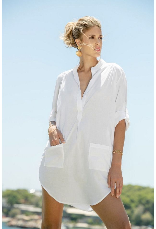 WOMAN COTTON SHIRT-DRESS UNICOLOR TO THE KNEE DEEP V NECK WITH POCKETS AND ADJUSTABLE LONG/SHORT SLEEVE