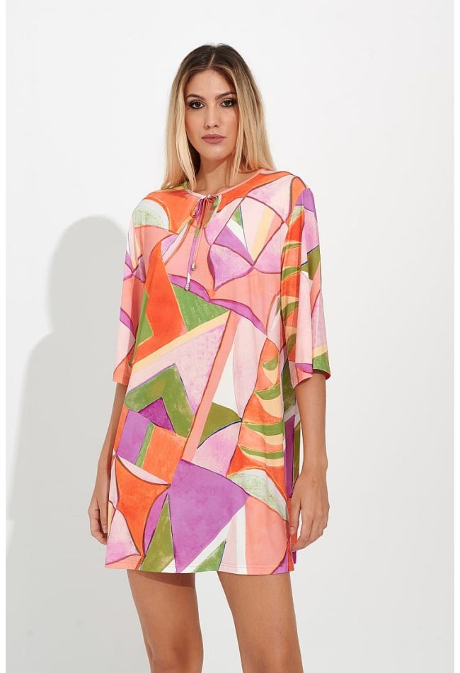 WOMΑN CAFTAN SOFT IN TOUCH WITH GEOMETRIC PATTERN V-NECK AND 3/4 SLEEVES