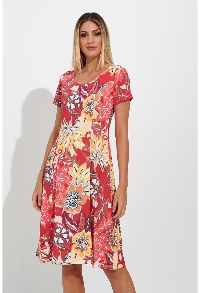 WOMΑN SOFT IN TOUCH WAISTED DRESS WITH FLORAL PATTERN AND SHORT SLEEVES