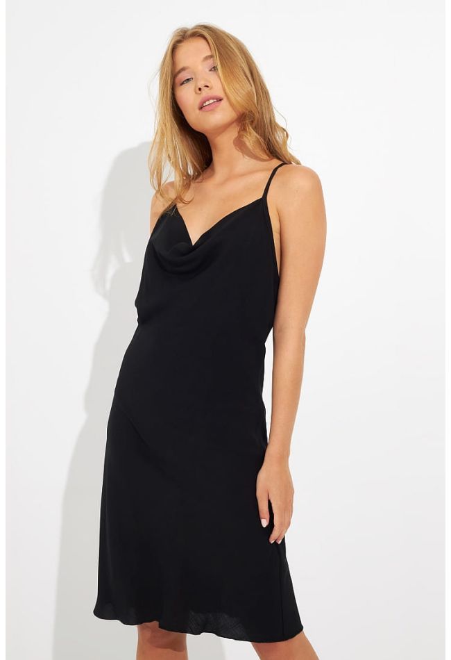 WOMAN VISCOSE MIDI DRESS PLAIN WITH DRAPE V-NECK OPEN BACK WITH CROSSED STRAPS