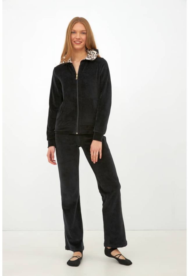 WOMAN VELOUR PLAIN TRACKSUIT WITH HOODY POCKETS ANIMAL DETAIL ZIP UP AND OPEN LEGS