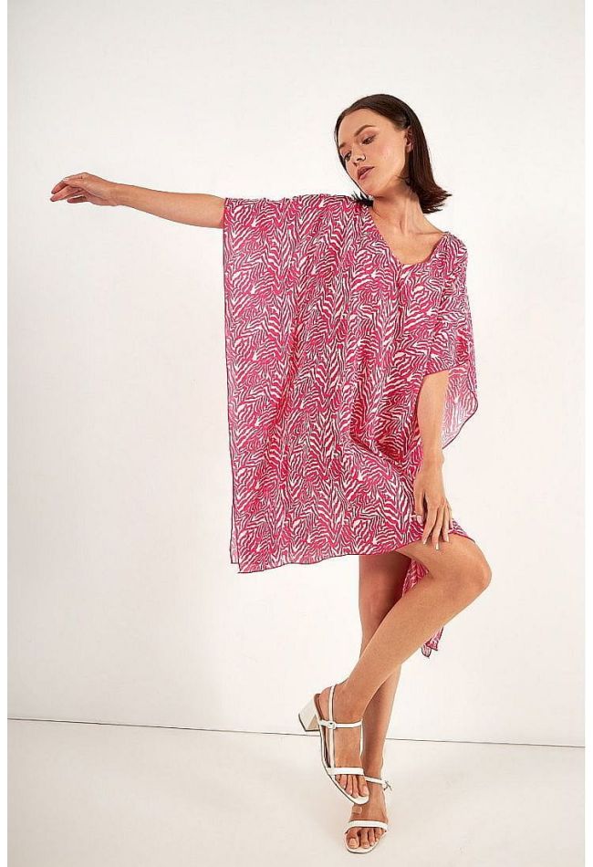 WOMAN ASYMMETRICAL VISCOSE TUNIC WITH COLOR ANIMAL ZEBRA PRINT AND BAT SLEEVES