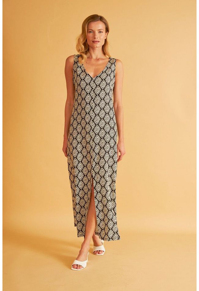 WOMAN LONG VISCOSE PRINTED DRESS WITH FRONT CUT