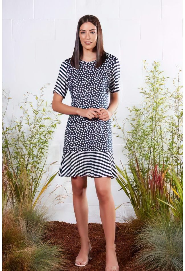 WOMAN DRESS 3/4 SLEEVES OPEN NECK OVER KNEE POIS AND STRIPES PATTERN