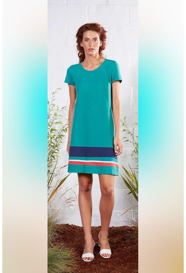 WOMAN DRESS ALPHA LINE SHORT SLEEVES OPEN NECK OVER KNEE MONOCOLOR AND STRIPES FINISHING
