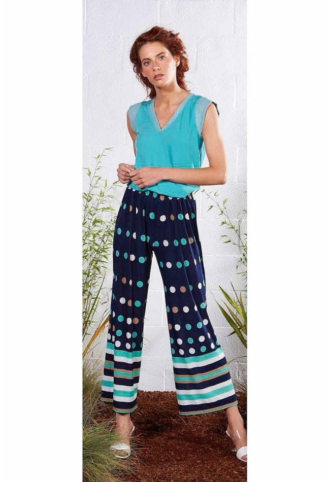 WOMAN PANTS CAPRI BELL OPENING BAND IN WAIST POIS AND STRIPES PATTERN