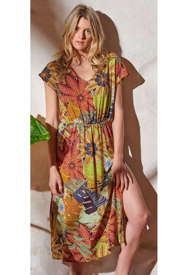 WOMAN MIDI DRESS WITH SIDE OPENINGS SHORT SLEEVES AND LEAVES DESIGN