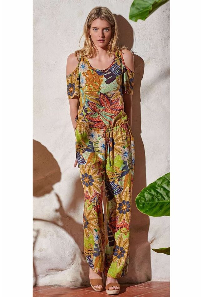 WOMAN JUMPSUIT OPEN NECK SHORT SLEEVE WITH OPEN SHOULDER AND LEAVES DESIGN