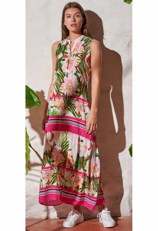WOMAN FLORAL LONG DRESS ROUND NECK WITH BUTTONS OPENING