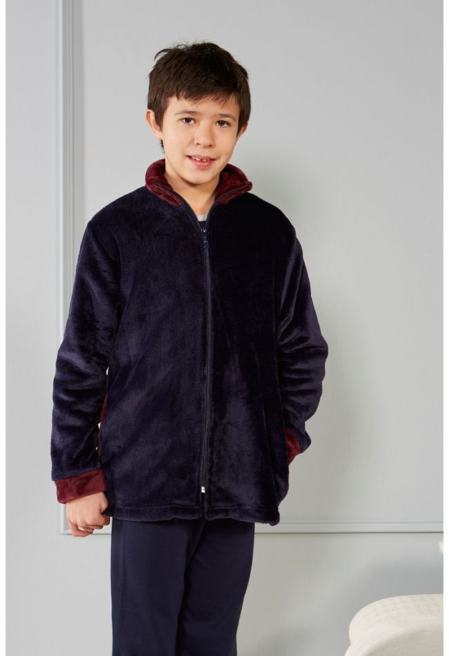 BOY FLEECE SHORT ROBE PLAIN IN CONTRAST SLEEVES AND LAPEL WITH ZIP AND POCKETS