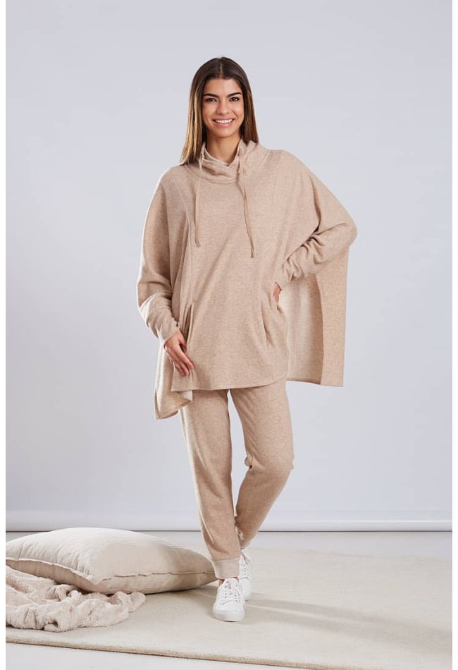 WOMAN SOFT COTTON PONCHO PLAIN WITH POCKETS AND LONG SLEEVES