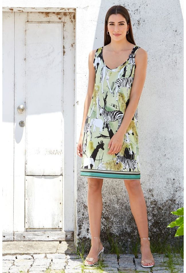 WOMAN VISCOSE SHORT DRESS WITH LARGESTRAPS AND JUNGLE ANIMALS PATTERN