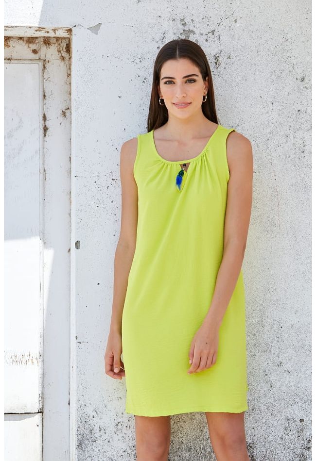 WOMΑΝ SHORT PLAIN DRESS WITH WIDE STRAPS OPEN NECK AND DECORATIVE