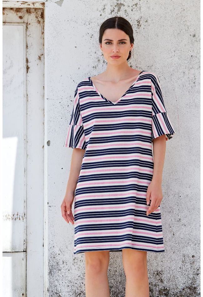 WOMΑΝ SHORT COTTON STRIPY DRESS WITH V NECK 3/4 SLEEVES AND LUREX DETAILS
