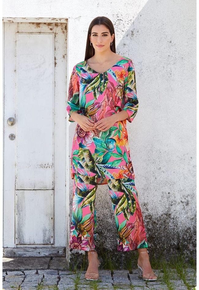 WOMΑΝ WIDE LEG TROUSERS VERY SMOOTH WITH FLORAL MOTIF AND POCKETS