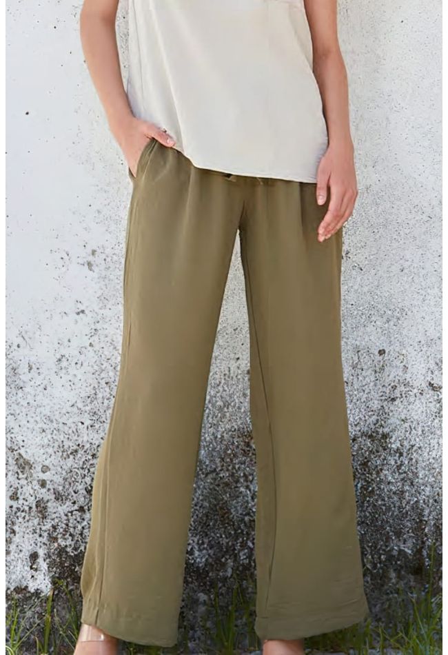 WOMΑΝ WIDE LEG TROUSERS PLAIN WITH DROWCORDS BELT