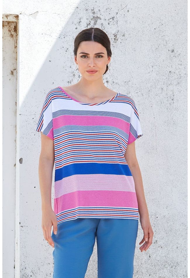 WOMAN VISCOSE BLOUSE WITH OPEN NECK SHORT SLEEVES AND STRIPY PATTERN