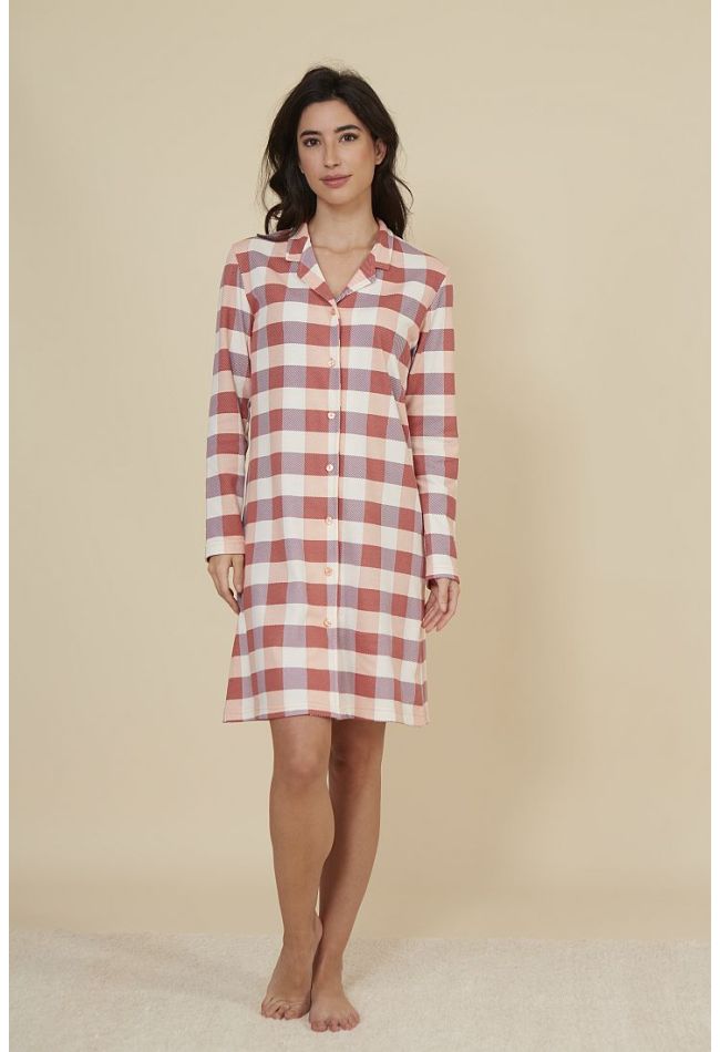 WOMAN SHORT COTTON NIGHTDRESS WITH INTERNAL FLANEL BUTTONS AND TARTAN PATTERN