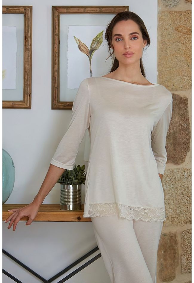 WOMAN LONG MODAL PYJAMAS PLAIN WITH LACE TRIMMING AND OPEN LEGS