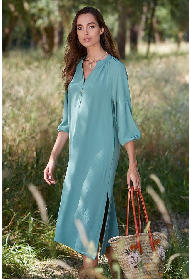 WOMAN LONG PLAIN DRESS WITH BUTTON OPENING 3/4 SLEEVES WITH CUFF