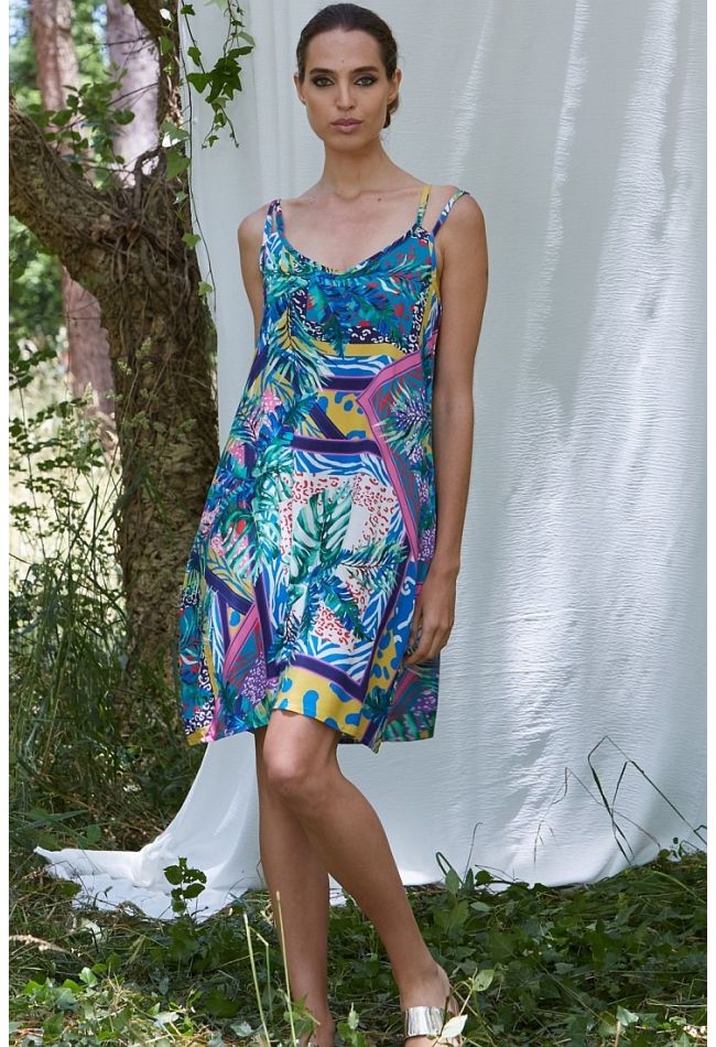 WOMAN SHORT VISCOSE DRESS TROPICAL PRINT WITH DOUBLE SPAGHETTI STRAPS