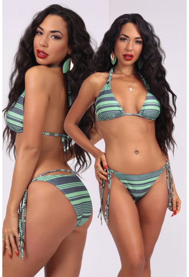 WOMAN SWIMSUIT BIKINI SET SHINY STRIPY PRINT TOP TRIANGLE CUP D UNWIRED WITH REMOVABLE PADS AND BOTTOM TANGA WITH CORDS