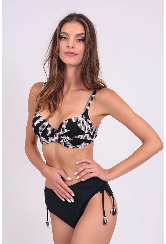 WOMAN SWIMSUIT BIKINI SET TOP CUP E WITH ANIMAL PRINT UNPADDED WIRED AND PLAIN BOTTOM WITH TWISTED SIDE CORDS