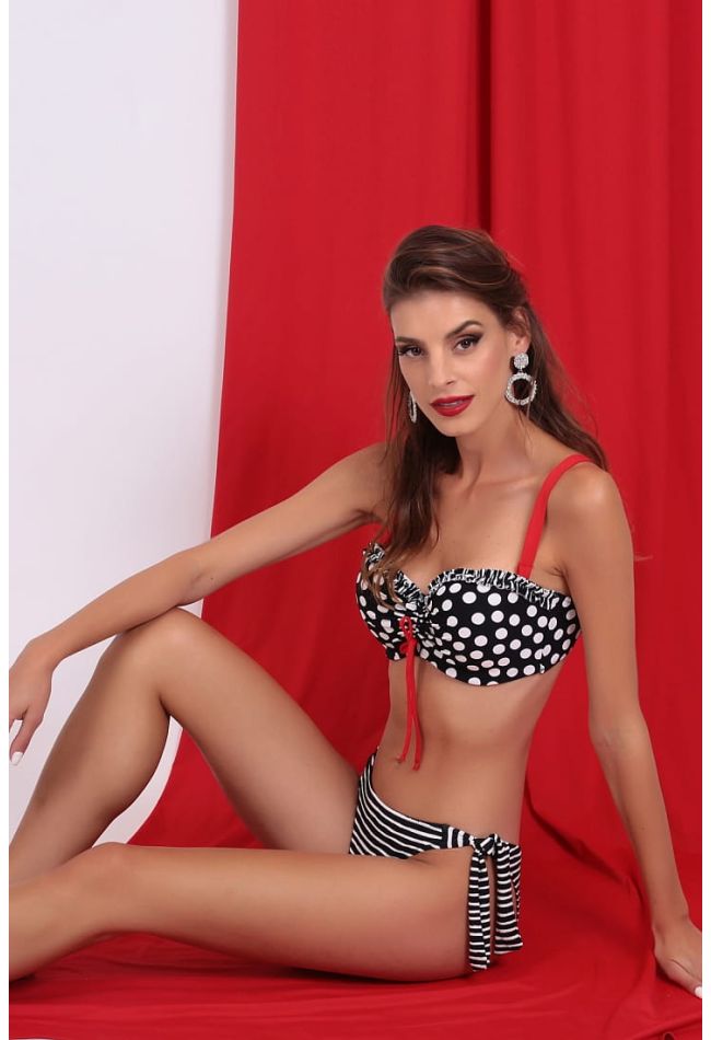 WOMAN SWIMSUIT BIKINI SET TOP CUP E STRAPLESS WITH DOTS PADDED WIRED WITH REMOVABLE ADJUSTABLE STRAPS AND STRIPY BOTTOM TIE-SIDE