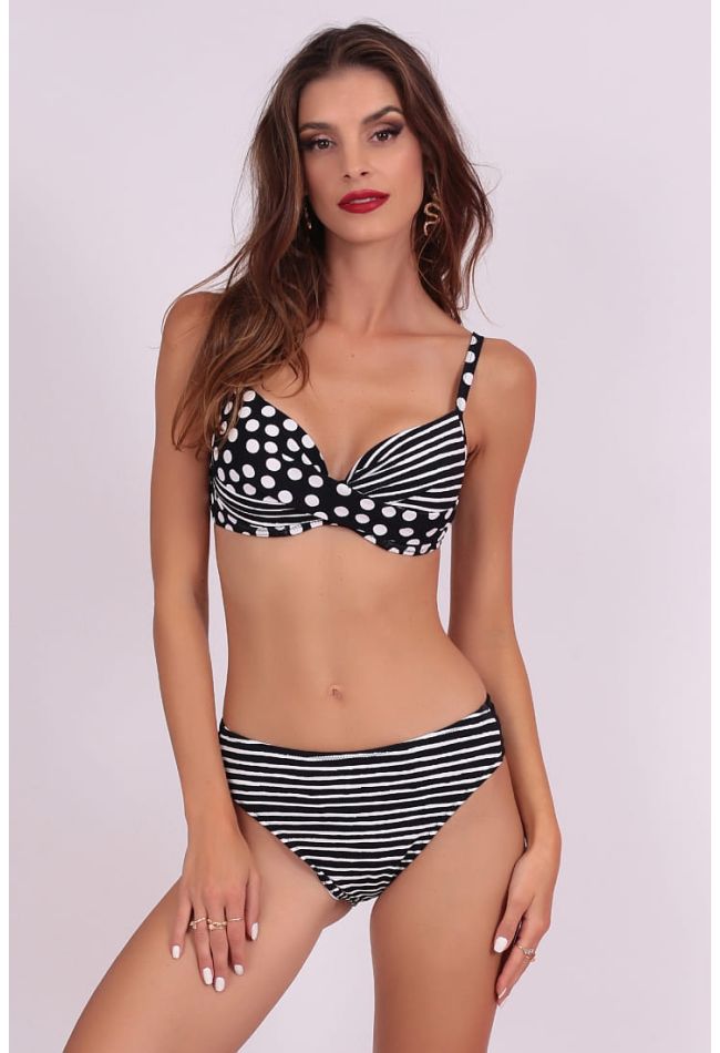 WOMAN SWIMSUIT BIKINI SET DOTS AND STRIPES PRINT TOP CUP D WIRED AND PADDED AND BRAZIL BOTTOM