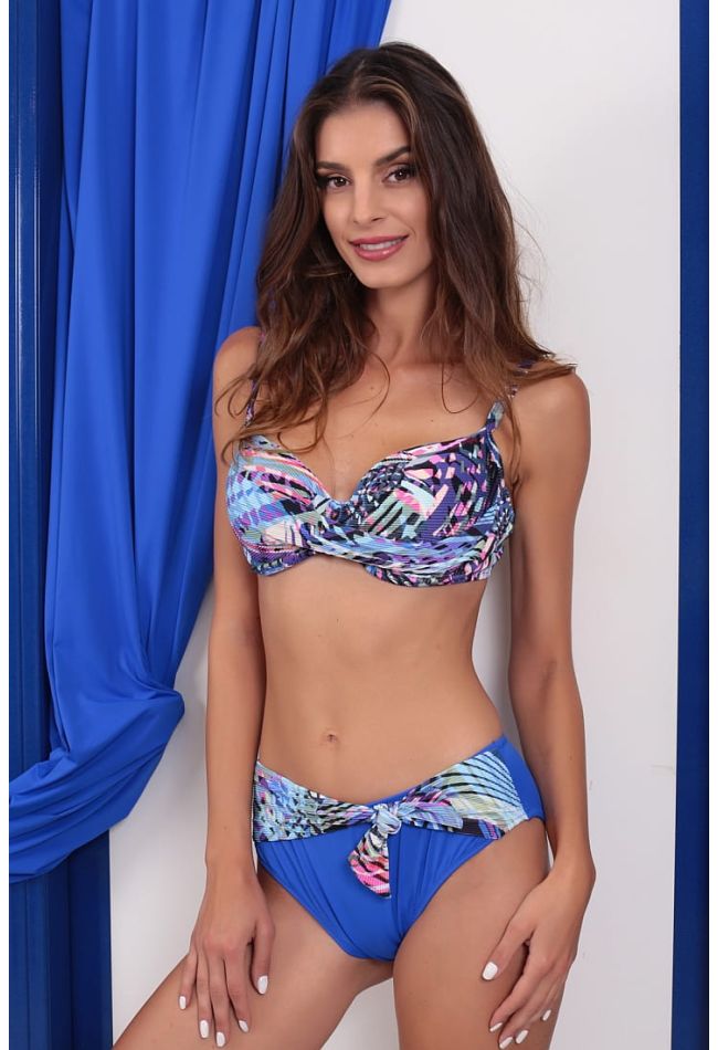 WOMAN SWIMSUIT BIKINI SET GOFFRE TOP CUP E WITH GEOMETRIC PRINT PADDED WIRED AND PLAIN FULL BOTTOM WITH BASQUE