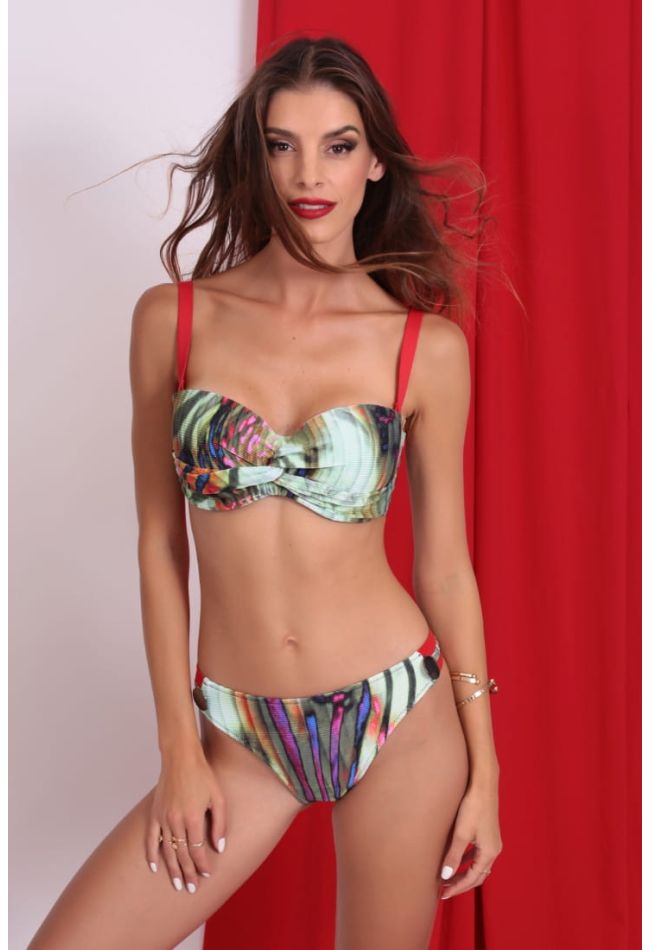 WOMAN SWIMSUIT BIKINI SET TOP STRAPLESS CUP E PRINTED PADDED WIRED WITH REMOVABLE ADJUSTABLE STRAPS AND BRAZIL BOTTOM