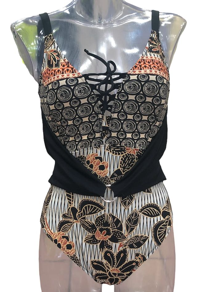 WOMAN ONEPIECE SWIMSUIT FRONT LEAVES PRINT BLACK BACK CROSSOVER TIE FRONT BUCKLE DETAIL MOLDED INVISIBLY WIRED CUPS C-F