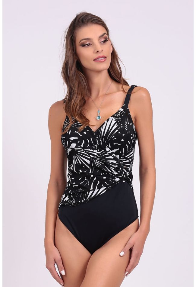 WOMAN ONEPIECE SWIMSUIT BLACK & WHITE CENTRAL TWISTED FRONT TROPICAL PRINT PADDED WIRED FOR CUP D-E
