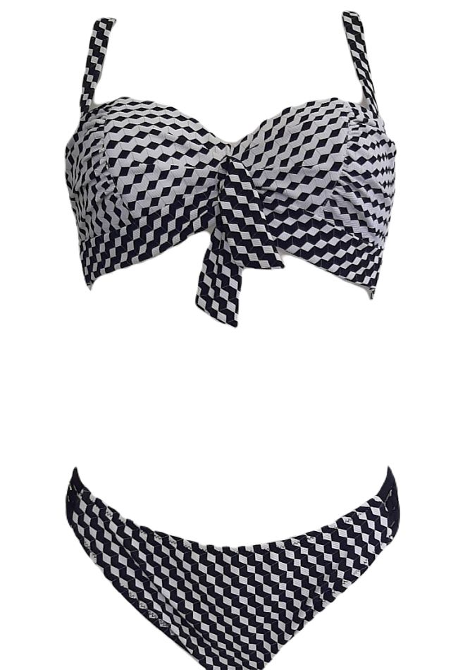 WOMAN BIKINI SET STRAPLESS BLACK AND WHITE ZIG ZAG PATTERN DETACHABLE STRAPS WIRED AND PADDED IN CUP D AND SLIP BIKINI WITH STRIPES ON SIDE