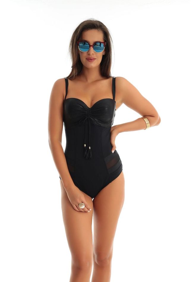 WOMAN ONEPIECE STRAPLESS SWIMSUIT CUP D-E WITH MESH & LEATHER DETAILS WIRED PADDED & REMOVABLE STRAPS
