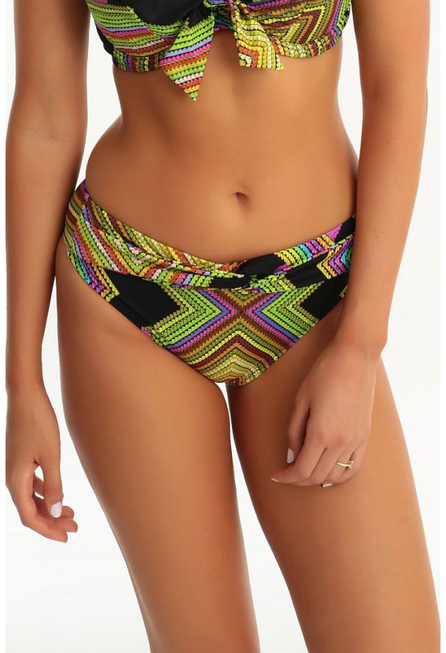 WOMAN BIKINI BOTTOM WITH FRONT TIE COLORFUL GEOMETRIC PATTERN AND REGULAR BACK COVERAGE