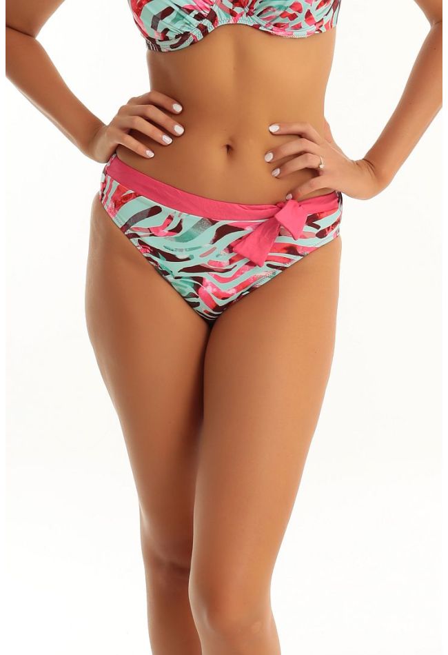 WOMAN BIKINI BOTTOM WITH FRONT DECORATIVE BOW COLORFUL ZEBRA PATTERN AND REGULAR BACK COVERAGE