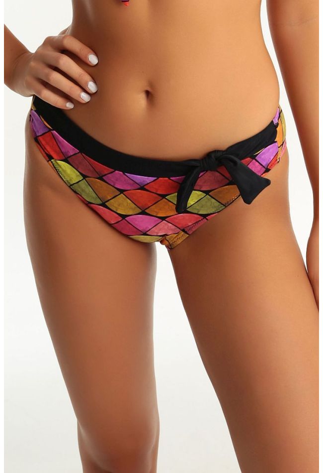 WOMAN BIKINI BOTTOM BRAZILIAN HIGHWAISTED WITH FRONT BOW COLORFUL PATTERNS AND MODERATE BACK COVERAGE