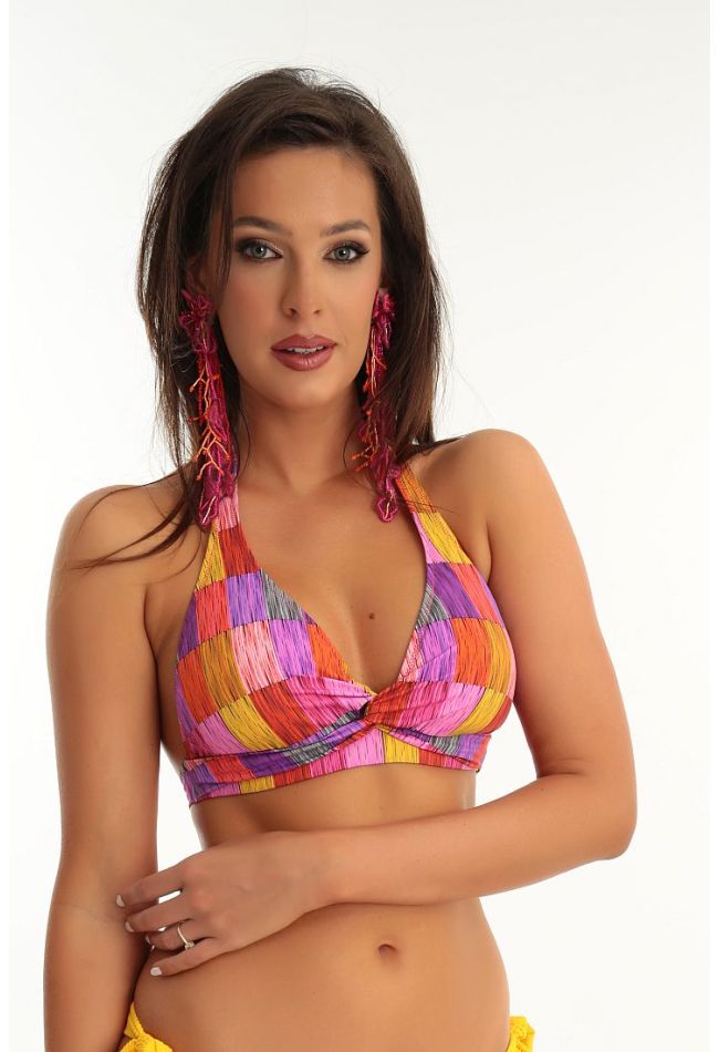 WOMAN BIKINI TRIANGLE TOP WIRELESS LIGHT PADDED WITH REMOVABLE PADS NECK AND BACK TIE AND COLORFUL GEOMETRICAL PATTERN